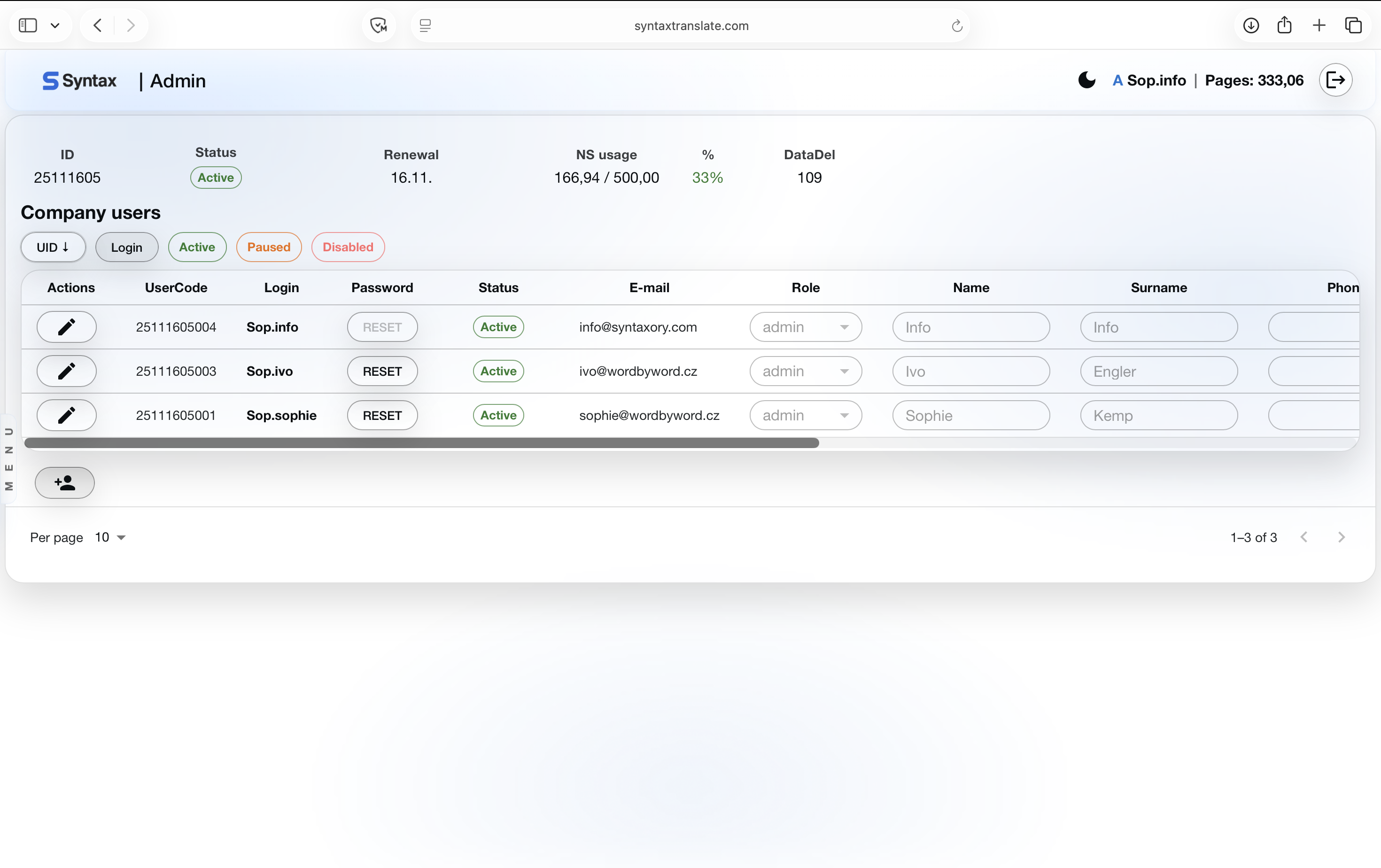 Syntax Translate — admin panel for user management