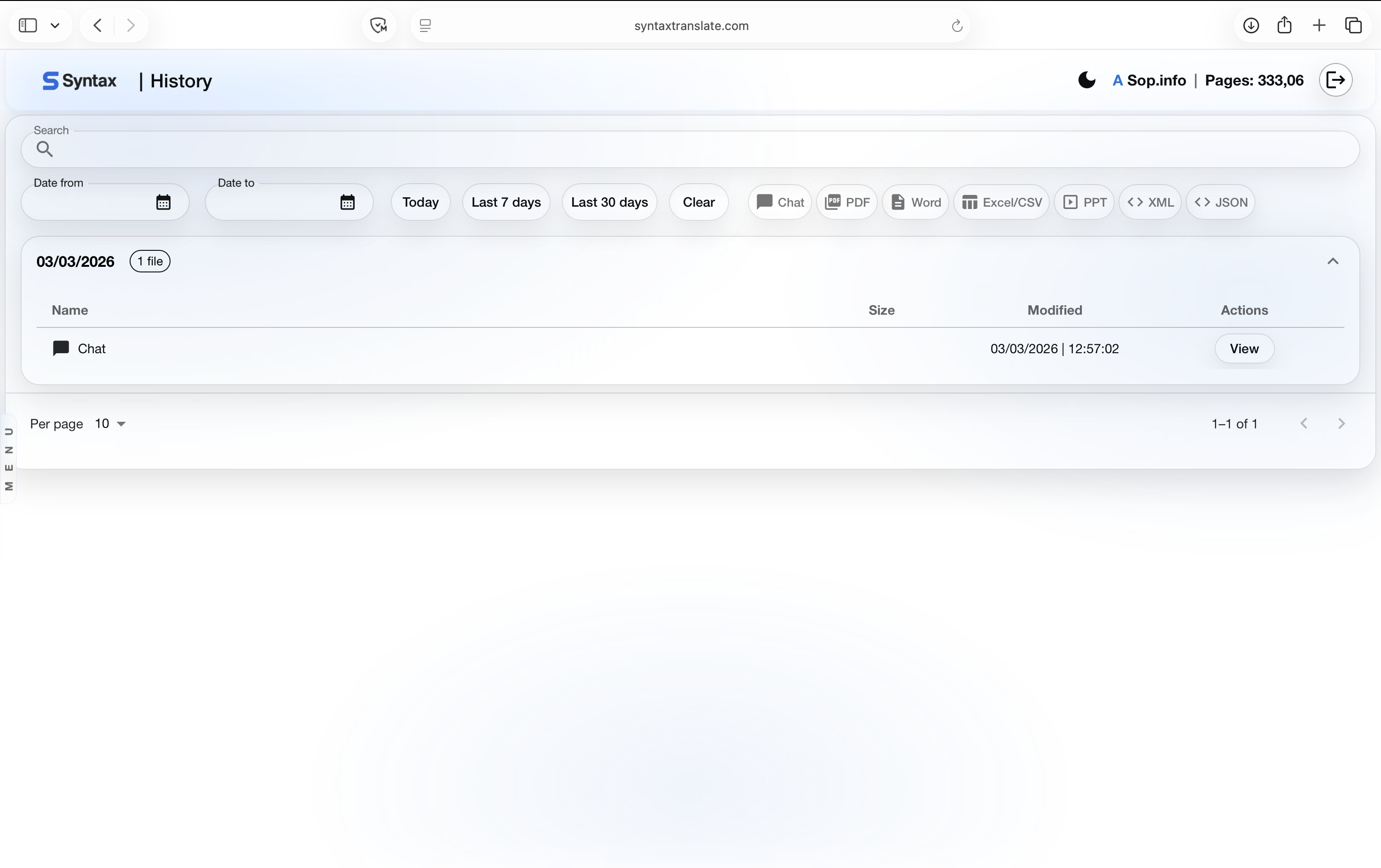 Syntax Translate — translation history overview with details