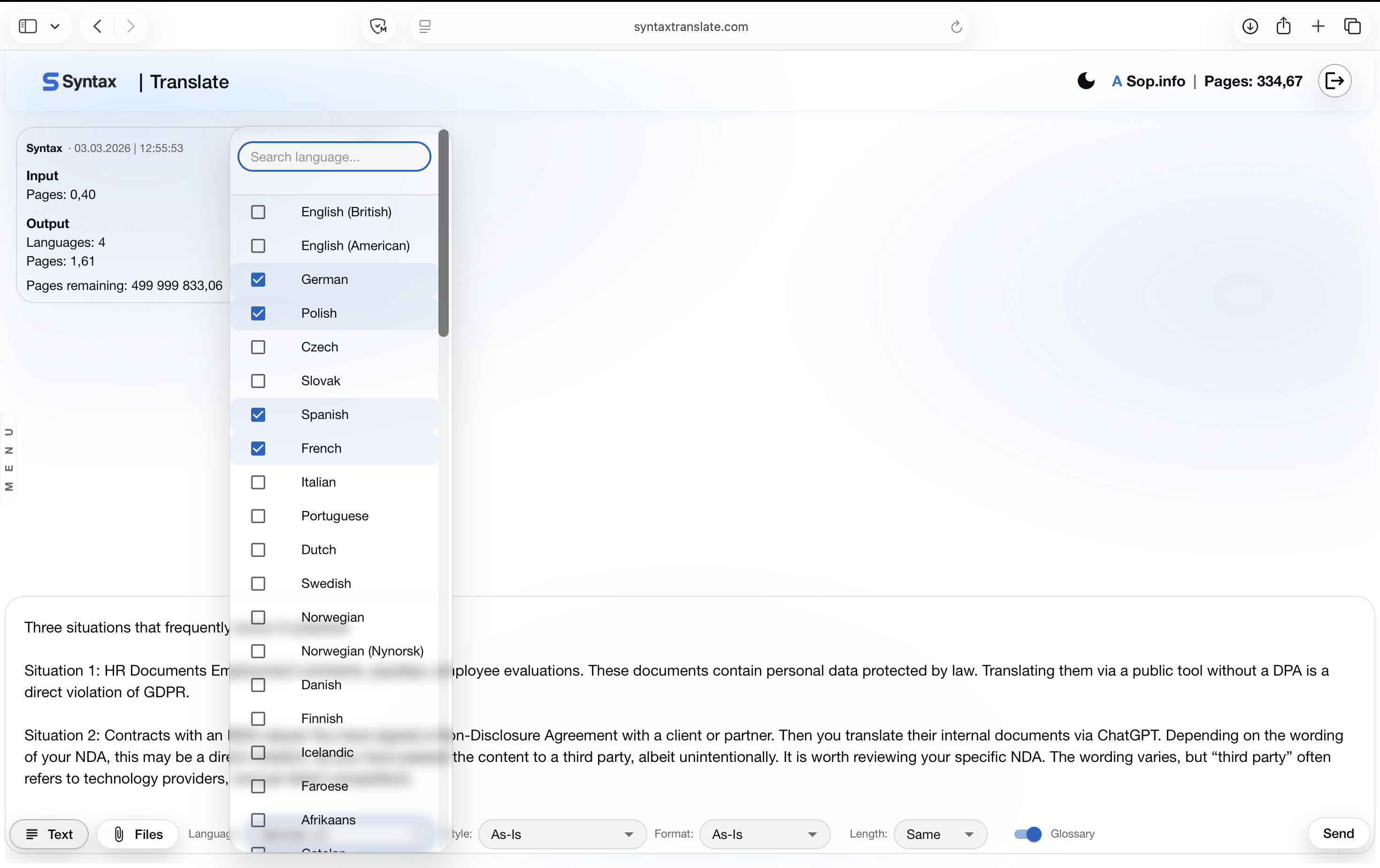 Syntax Translate — document upload and translation interface